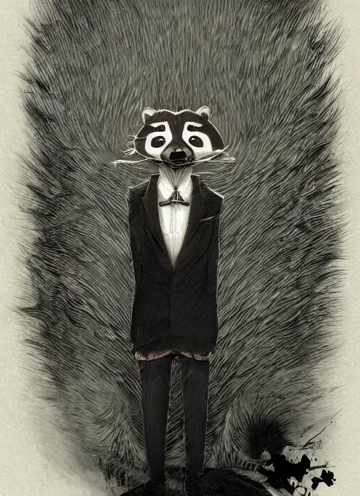 Image similar to a dramatic illustration portrait of an anthropomorphic raccoon mob boss, by victo ngai, by stephen gammell, by george ault, in the style of animal crossing, artstation