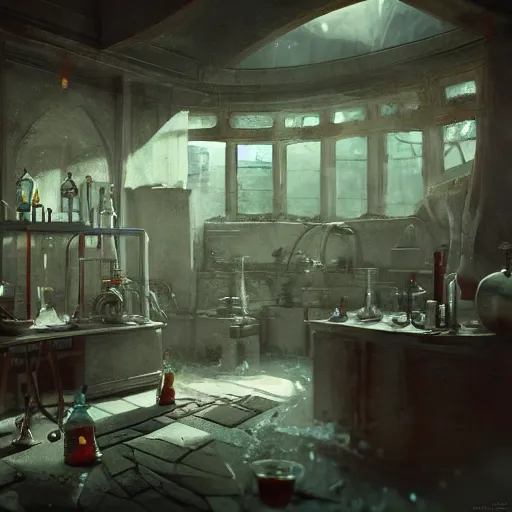 Image similar to inside a mysterious alchemist\'s laboratory, physically based octane render, trending on artstation