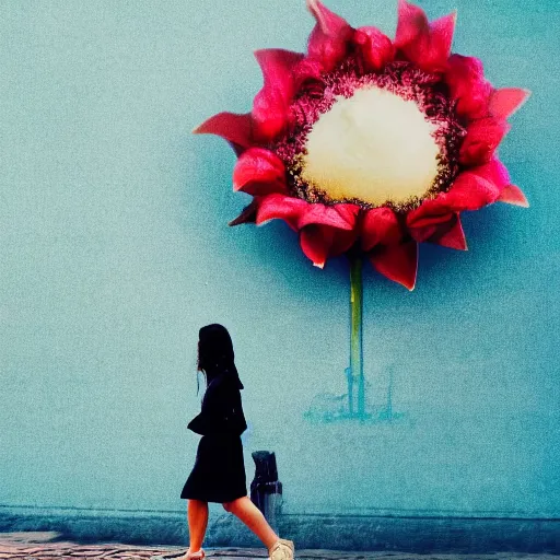 Prompt: giant flower head, woman walking through city, surreal photography, cinematic, blue sky, symmetry, detailed, retro, wes anderson