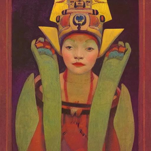 Image similar to the little robot queen in her regalia, by annie swynnerton and diego rivera and nicholas roerich, symbolist, dramatic lighting, elaborate geometric ornament, smooth, sharp focus, extremely detailed, leo and diane dillon, adolf wolfli, soft pastel colors