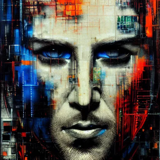Prompt: hyperrealistic portrait of a cyberpunk man in cyberspace, by Guy Denning, Johannes Itten, Russ Mills, hacking effects, detailed eyes, fiery eyes, detailed lines, color blocking!, acrylic on canvas, insane detail, intricate, front view, symmetrical, octane, concept art, abstract, artistic, 8k, cinematic, trending on artstation
