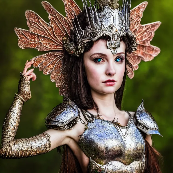 Image similar to photo of a very beautiful!! fairy queen with ornate sparkling armour, highly detailed, 4 k, hdr, smooth, sharp focus, high resolution, award - winning photo