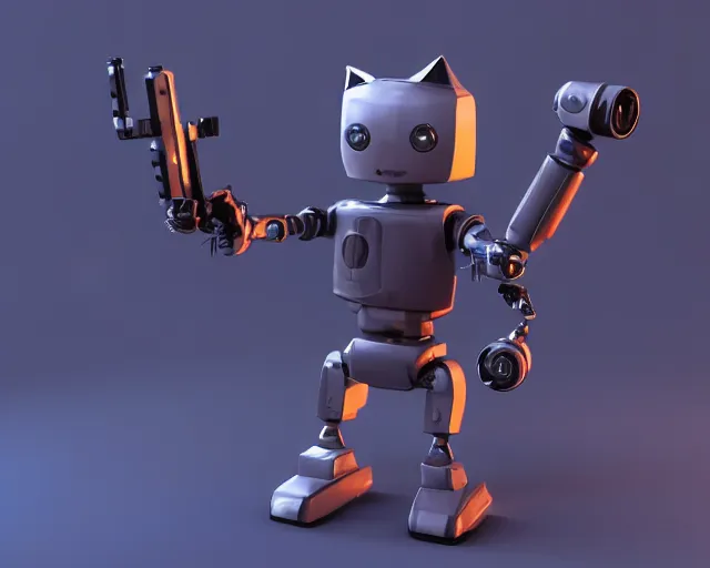 Prompt: a robot cat that is holding a machine gun, a low poly render by cedric seaut ( keos masons ), cgsociety contest winner, retrofuturism, rendered in maya, sketchfab, physically based rendering