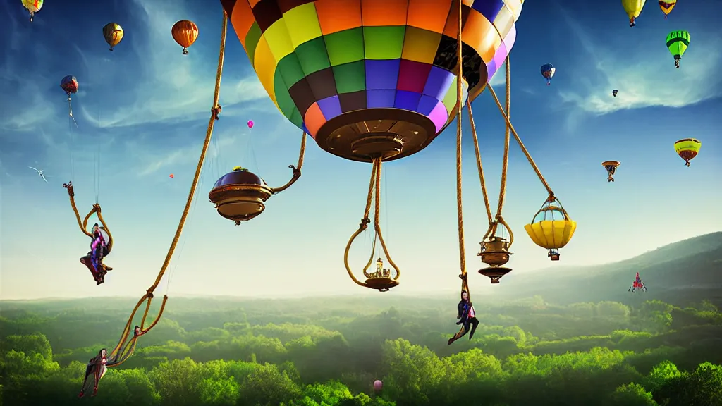 Image similar to large colorful futuristic space age steampunk balloons with people on rope swings underneath, flying high over the beautiful countryside landscape, professional photography, 8 0 mm telephoto lens, realistic, detailed, digital art, unreal engine