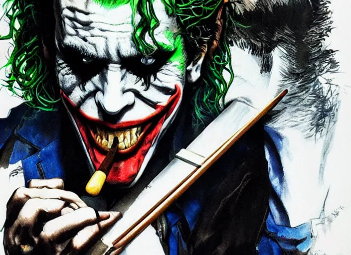 Image similar to a highly detailed beautiful portrait of the joker playing pool by yoji shinkawa