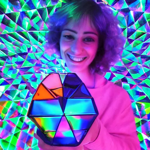 Prompt: a person holding a colorful object in their hand, a hologram!! ( ( ( by jeka kemp ) ) ), polycount, crystal cubism!!!, made of crystals!!!, irridescent, holographic