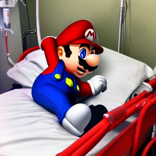 Image similar to super mario sleeping in a hospital bed