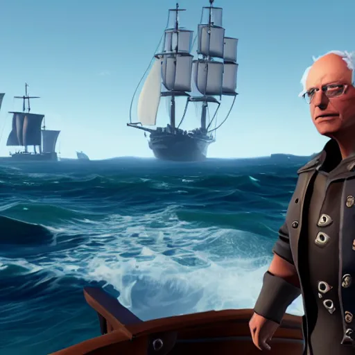 Prompt: Gameplay screenshot of Bernie Sanders in Sea of Thieves, character portrait, Unreal Engine