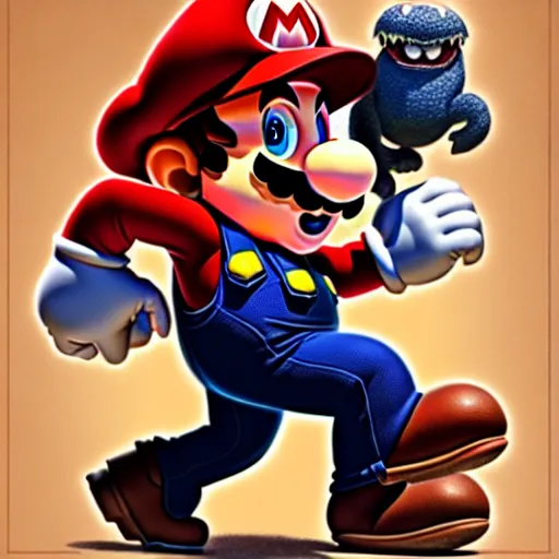 Image similar to mario stomping on a goomba, art by artgerm and greg rutkowski and alphonse mucha