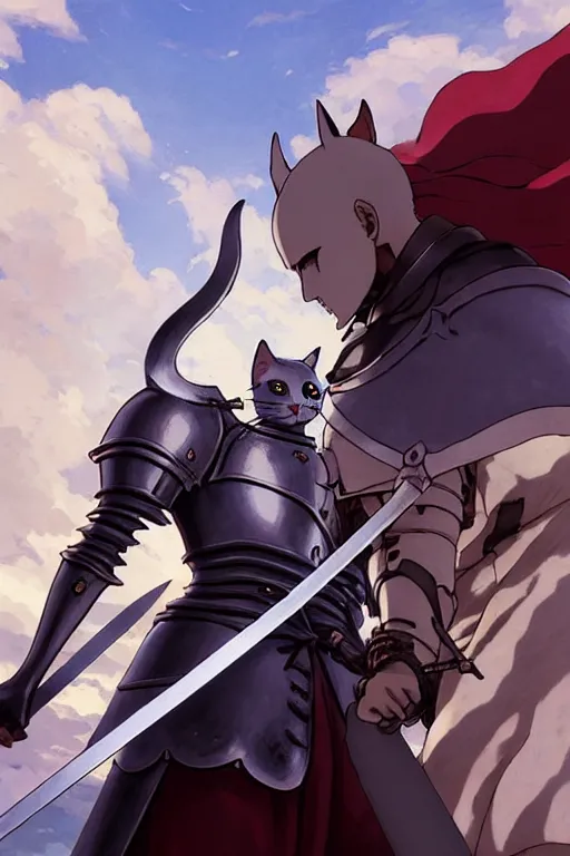 Image similar to a full body of the knight with a cat on his head holding berserk's great sword, finely detailed features, closeup at the faces, perfect art, gapmoe yandere grimdark, trending on pixiv fanbox, painted by miura kentaro greg rutkowski makoto shinkai takashi takeuchi studio ghibli, akihiko yoshida