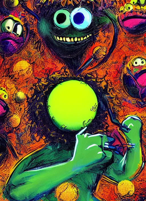 Image similar to tennis ball monsters playing tennis, a tennis ball monster, tennis ball, colorful, digital art, fantasy, magic, trending on artstation, ultra detailed, professional illustration, chalk, poster artwork by basil gogos, clean