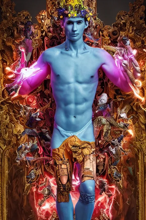 Image similar to full-body bladerunner style sculpture of a young handsome Colombian prince as a half cibernetic android with a chest opening exposing circuitry and electric sparks, glowing pink eyes, crown of blue flowers, flowing salmon-colored silk, fabric, raptors. baroque elements. full-length view. baroque element. intricate artwork by caravaggio. many many birds birds on background. Trending on artstation, octane render, cinematic lighting from the right, hyper realism, octane render, 8k, depth of field, 3D