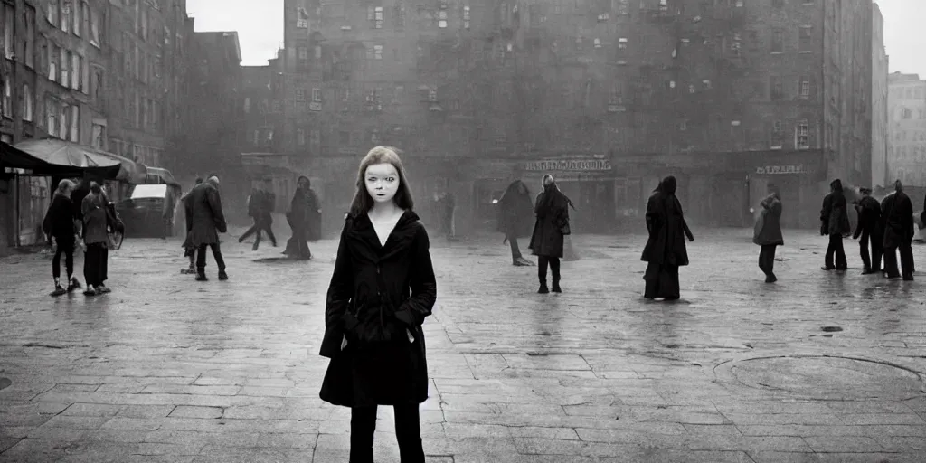 Image similar to sadie sink in hoodie at umbrella stand in ruined square, pedestrians on both sides ignore her, old tenements in background : grainy b & w 1 6 mm film, 2 5 mm lens, medium shot from schindler's list by steven spielberg. cyberpunk, steampunk. cinematic atmosphere and composition, detailed face, perfect anatomy