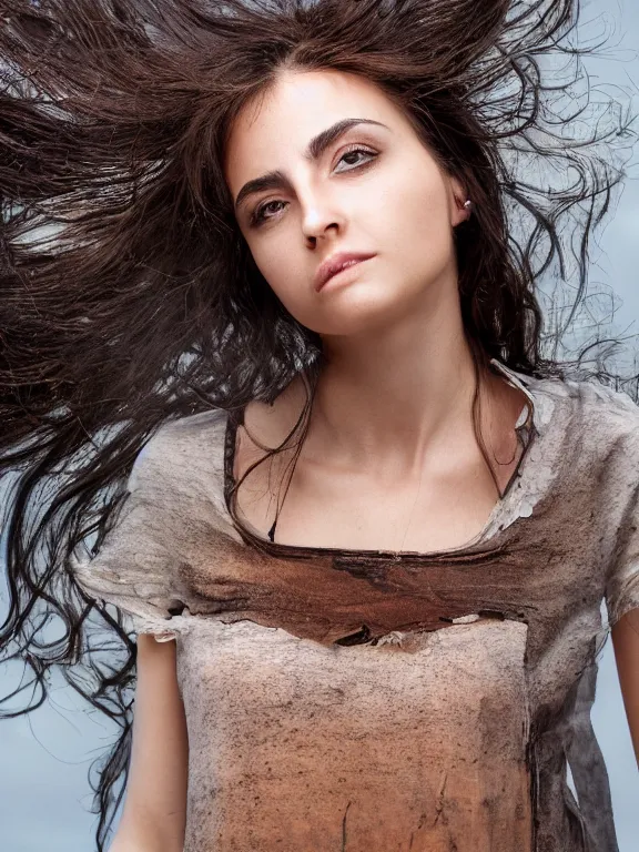 Image similar to hyperdetailed photo of a beautiful italian girl, brown eyes, dark hair, winds of winter, with ripped transparent crop t - shirt