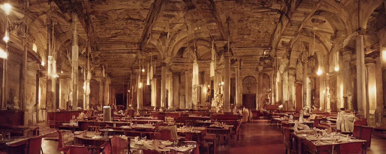 Image similar to great roman hall adorned with spaghetti, antiquity, canon 5 0 mm, kodachrome, in the style of wes anderson, retro