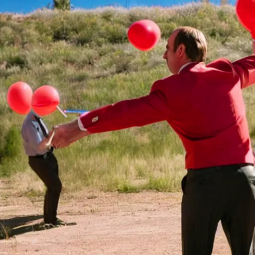 Image similar to saul goodman throwing dart at red ballon, still from better call saul