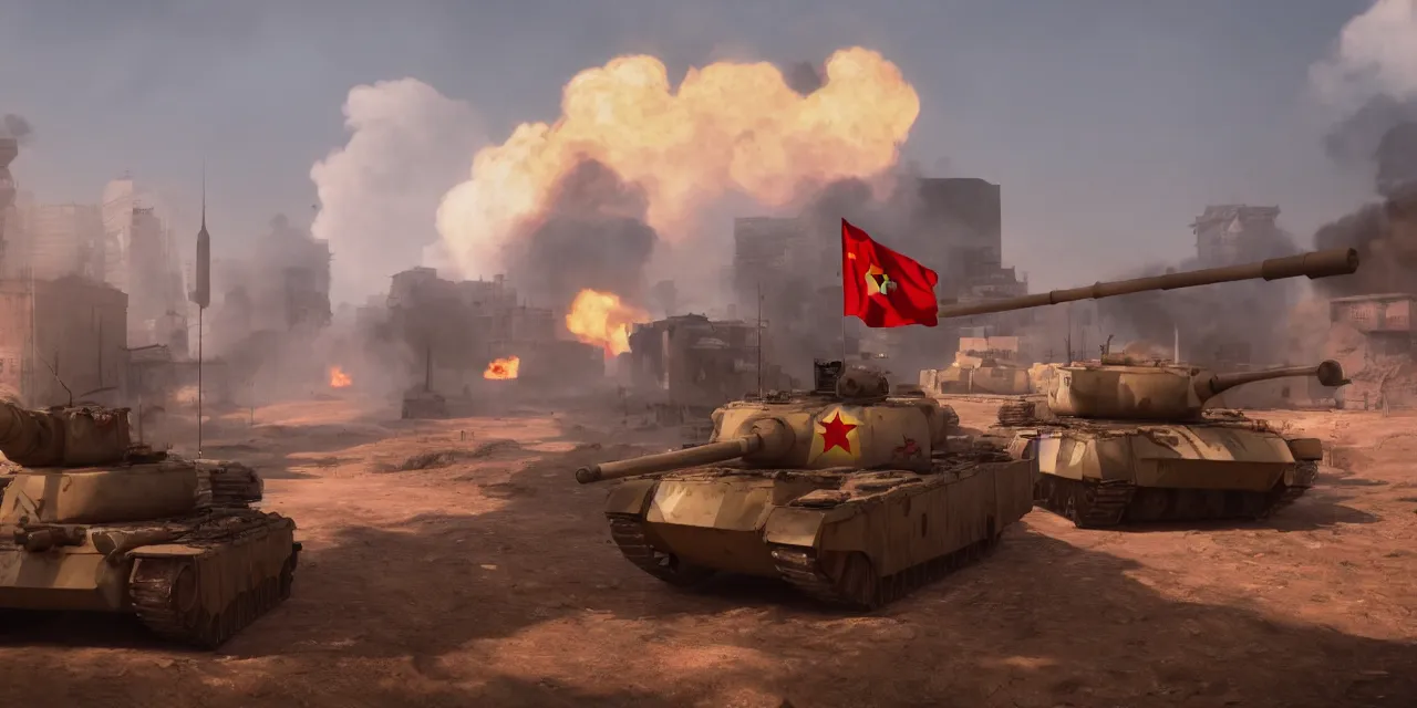 Prompt: tanks burning city, army, china, winnie the pooh, communist flag, volumetric lighting, unreal engine, realistic