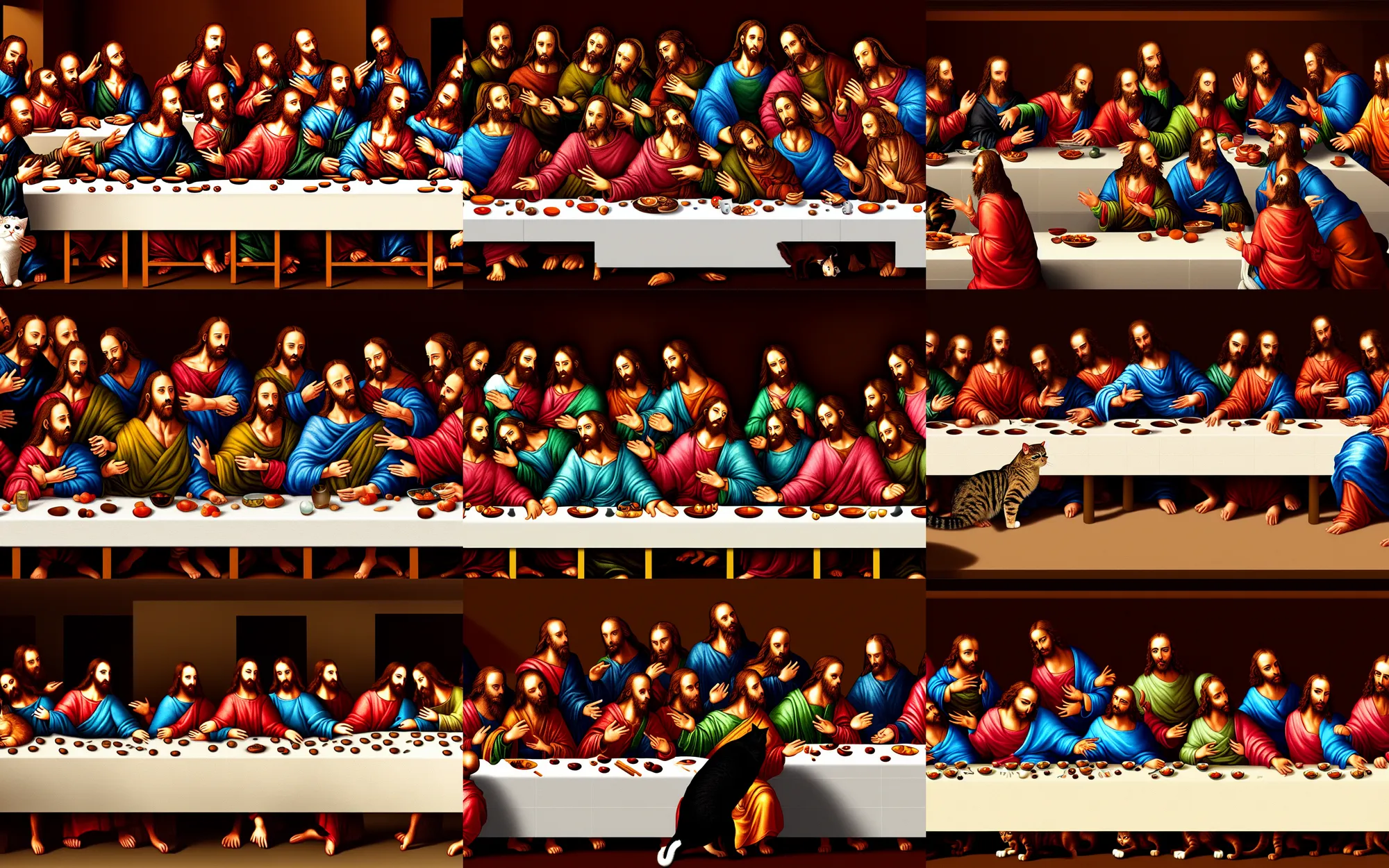 Prompt: the last supper but everybody is a cat, ultra detail, digital painting