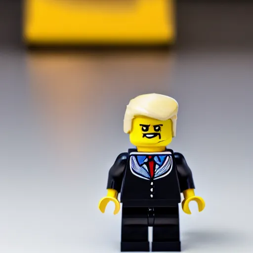 Image similar to lego figurine of donald trump, studio lighting, macro lens, high quality