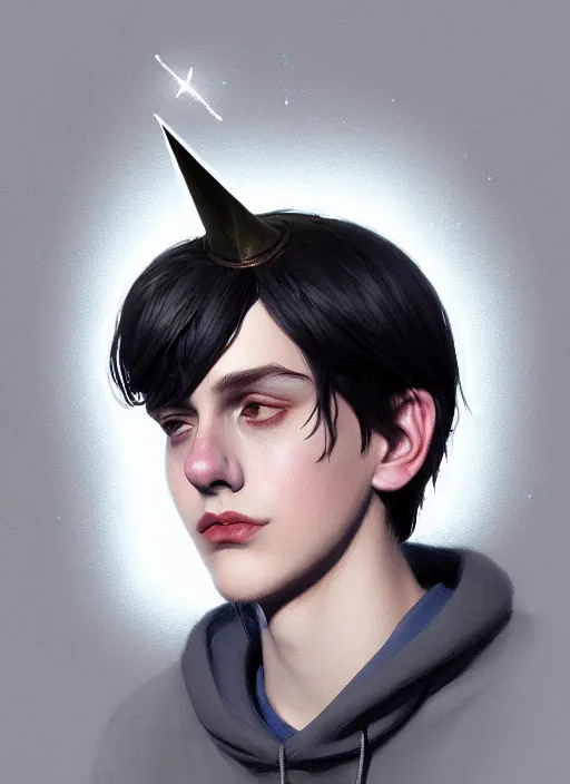 Image similar to portrait of teenage jughead jones wearing a light grey crown, photorealistic, crown, eyes closed, crown, black hair, intricate, elegant, glowing lights, highly detailed, digital painting, artstation, concept art, smooth, sharp focus, illustration, art by wlop, mars ravelo and greg rutkowski