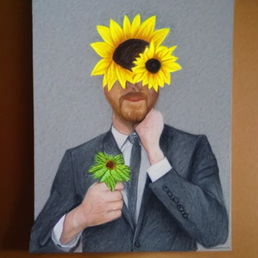 Image similar to long shot portrait, man with a sunflower instead of a head wearing a business suit, color pencil sketch