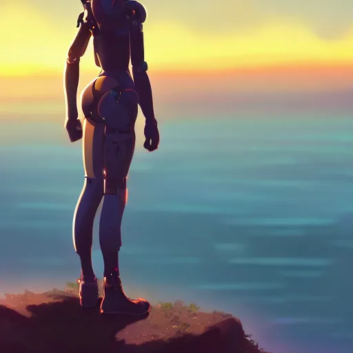 Prompt: A cyborg girl standing on the hill looking at the sea with a sunset in style of Makoto Shinkai and Cyberpunk. ArtStation, 8K, Highly Detailed, Intricate, Album Art.