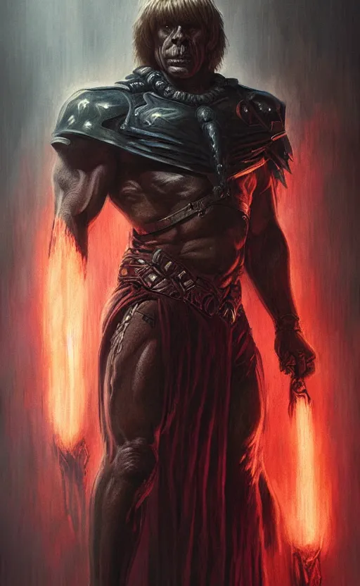 Image similar to uncut portrait of he - man, dark and mysterious and eerie and ominous character, cinematic, epic, highly detailed, intricate, illustration, artwork by marcus whinney and greg rutkowski