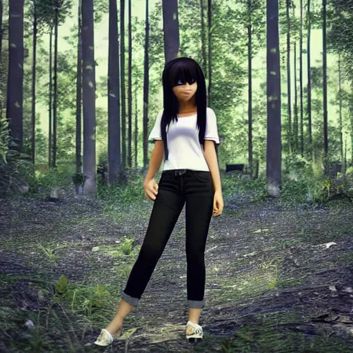 Image similar to 8k render, cinematic, semi-realistic, Instagram art, Pixar style Latina anime girl 3d, cute face black hair, curtain bangs, Latina, brunette, white t-shirt with red sleeves, wearing jeans, has fire powers, her hair is on fire, her hands are on fire powerful, she is in a forest, tropical forest, lots of foliage, character, trending on Deviantart