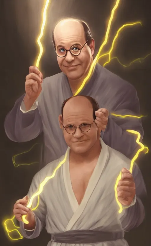 Image similar to george costanza holding a hoagie. he's wearing a flowing bathrobe made of light, airy fabric and he has a mischievous look on his face, dynamic lighting, photorealistic fantasy concept art, trending on art station, stunning visuals, creative, cinematic, ultra detailed