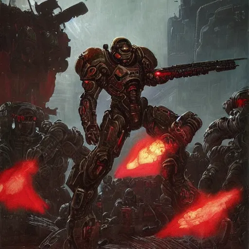 Image similar to doom slayer fighting russians, pre renaissance art, tsutomu nihei art,