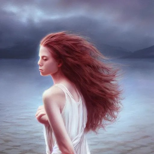 Image similar to beautiful young woman by the lake, sunset, hair waving in the wind, high detail, dramatic light, digital art, chiaroscuro, painted by seb mckinnon and greg rutkowski, trending on artstation