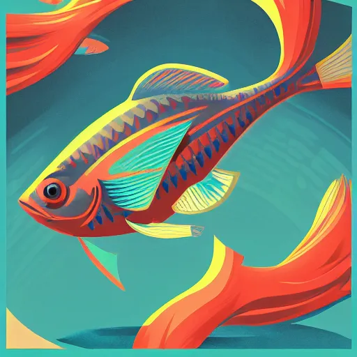 Image similar to profile of one stylized fish in center of view, photo studio, artstation, intricate, realistic, highly detailed, digital painting, concept art, sharp focus, illustration by tom whalen and charles williams and kilian eng and james jean