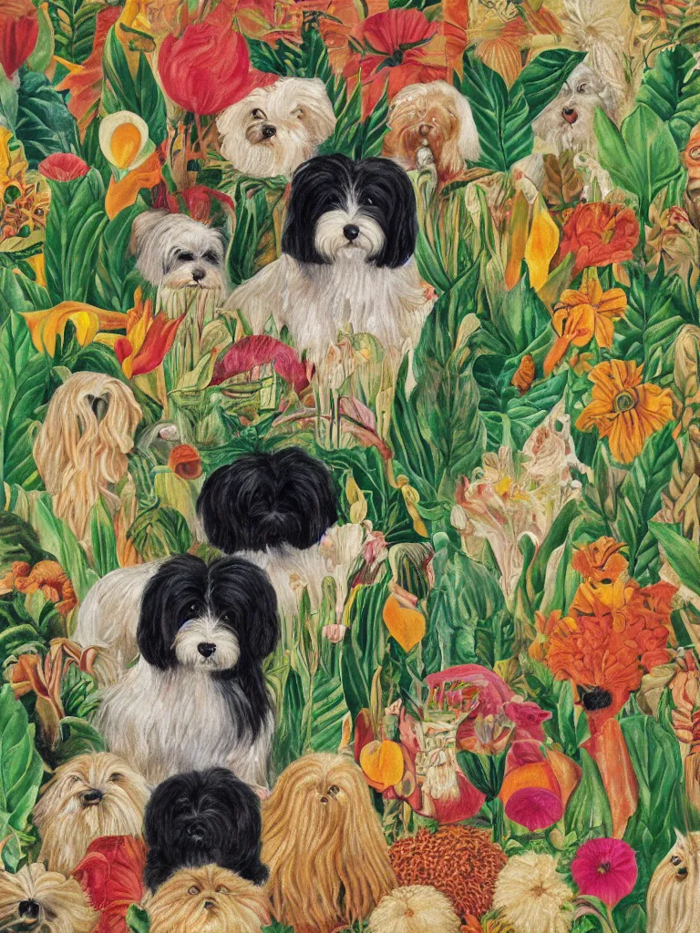 Image similar to a cream colored havanese dog, surreal background, plants and flowers, mexican art, naive art, by frida kahlo