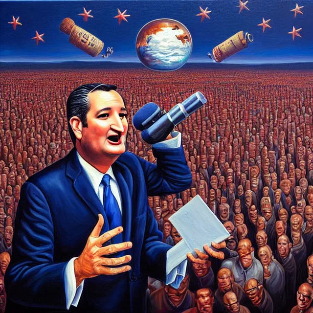 Prompt: an oil on canvas portrait painting of ted cruz doing a speech at the republican convention, surrealism, surrealist, cosmic horror, rob gonsalves, high detail