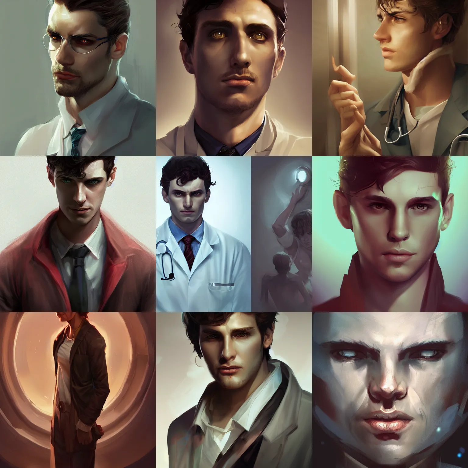 Prompt: doctor in a lab, young, male, handsome, brooding, dark room, semi-realistic, soft light, detailed, elegant, artstation, digital art by furio tedeschi and charlie bowater and valentina remenar