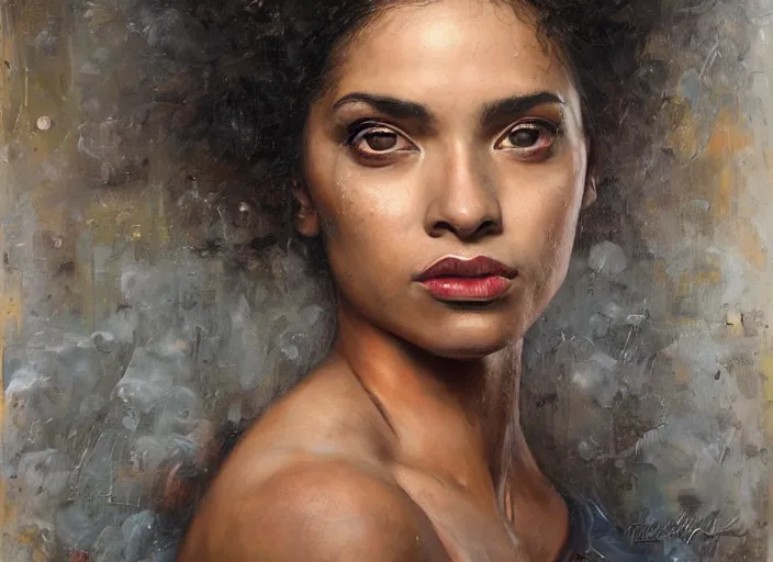 Prompt: a young hispanic woman portrait, photorealistic, highly detailed, art by tim okamura, kim keever