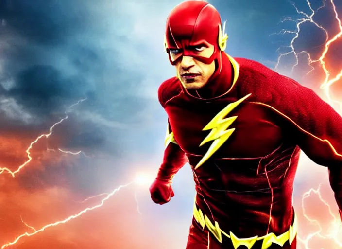 Image similar to film still of dwayne the rock johnson as the flash in the new flash movie, 4 k