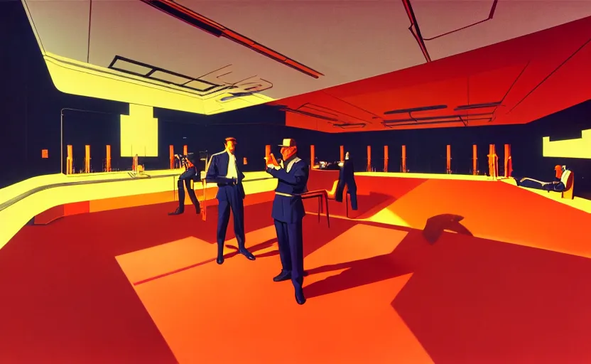 Image similar to syd mead, big room in center pedestal with ak 4 7 and men's in suit's around, soft light, red + yellow colours, golden facture, high quality details, two point perspective, denoise deep depth of field