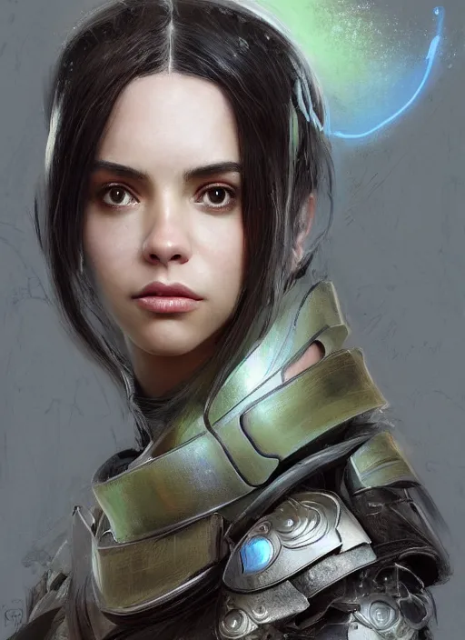 Prompt: a professional portrait of a beautiful young female, clothed in electroluminescent armor, olive skin, long dark hair, beautiful bone structure, symmetrical facial features, intricate, elegant, digital painting, concept art, smooth, sharp focus, finely detailed, illustration, from Valerian and the City of a Thousand Planets, by Ruan Jia and Mandy Jurgens and Artgerm and William-Adolphe Bouguerea