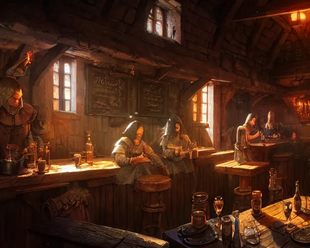 Image similar to a medieval tavern, beautiful, detailed, dark, concept art illustration, color page, tone mapping, akihiko yoshida, james jean, andrei riabovitchev, marc simonetti, digital illustration, greg rutowski, volumetric lighting, sunbeams, particles