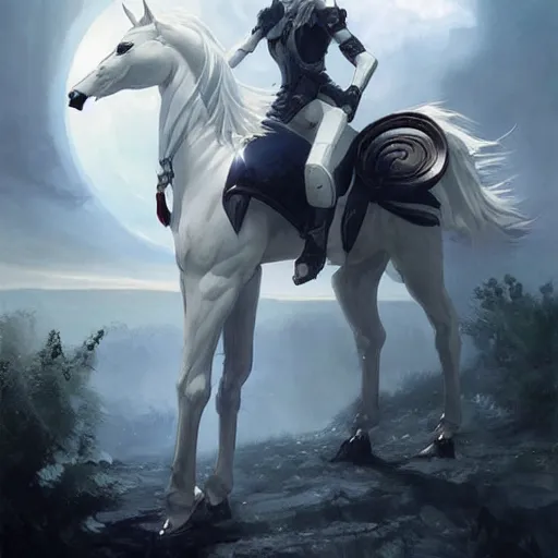 Image similar to a white horse as a robot vampire in the style of makoto shinkai zhaoming wu, john collier, albert aublet, cedric peyravernay. sharp focus, semi - realism, intricate detail. unreal engine, octane rendering