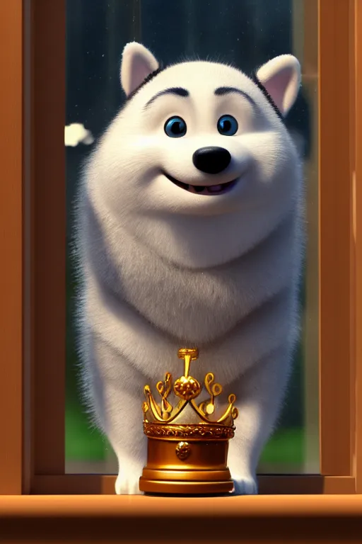 Image similar to happy finnish lapphund dog holding a crown at house window. Pixar Disney 4K 3d render funny animation movie Oscar winning trending on ArtStation and Behance. Ratatouille style.