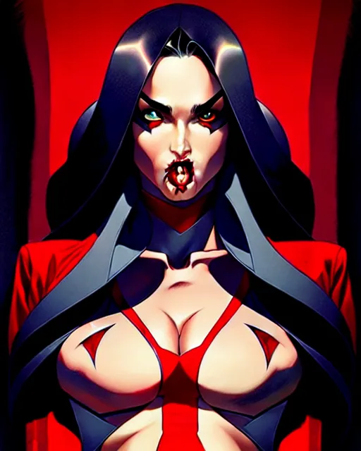 Image similar to artgerm, joshua middleton comic cover art, full body pretty megan fox vampire sharp teeth, red dress, symmetrical eyes, symmetrical face, long curly black hair, dark castle background background, cinematic lighting