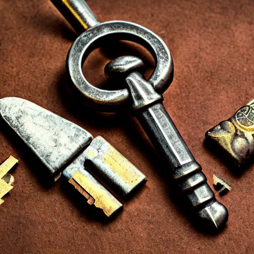 Image similar to a stylised old metal key, key is on the center of the image, rpg game inventory item, on the white background