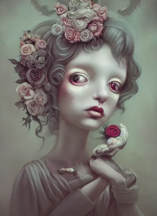 Image similar to pop surrealism, lowbrow art, realistic cute bride pale ghost girl painting, hyper realism, muted colours, rococo, natalie shau, loreta lux, tom bagshaw, mark ryden, trevor brown style,