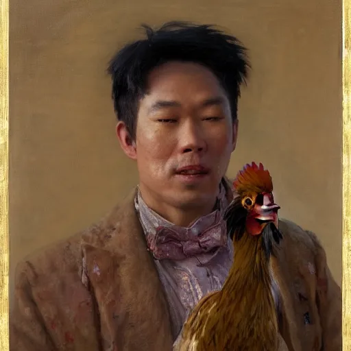 Image similar to portrait of an asian man dressed as a chicken, the chicken man, highly detailed painting by gaston bussiere, craig mullins, j. c. leyendecker 8 k