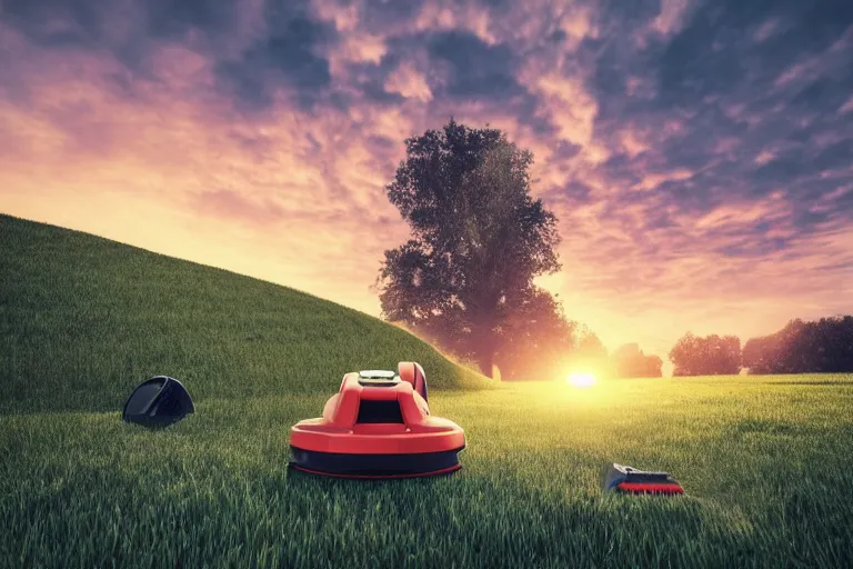 Prompt: a huge hoover vaccuum cleaner made of stone on a lushy meadow hill, by many colorful praying people, beeple style, sunset, insanely integrate, 3 d render, 8 k