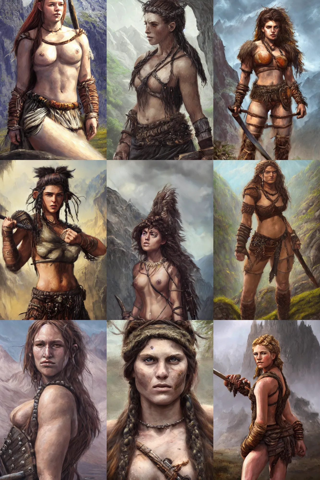 Image similar to a full body high detail fantasy portrait oil painting illustration of a beautiful young rugged stoic barbarian woman by justin sweet with face and body clearly visible, in a scenic background, pupils visible, realistic proportions, d & d, rpg, forgotten realms, artstation trending, high quality, sombre mood, artstation trending, muted colours, entire person visible!