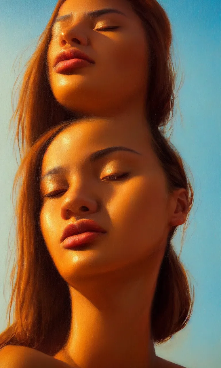 Image similar to a face portrait of a beautiful girl enjoying the warm sunlight, cuban setting, close - shot, symmetrical face, warm colors, soft lighting, atmospheric, cinematic, moody, in the style of diego koi, gina heyer, luiz escanuela, art by alyssa monk, hyperrealism, rule of thirds, golden ratio, oil on canvas, 8 k