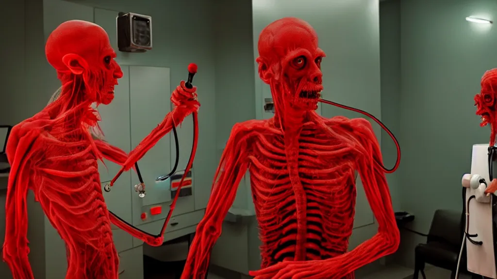 Image similar to the creature at the doctor's office, made of glowing wax and blood, they look use a stethoscope, film still from the movie directed by denis villeneuve and david cronenberg with art direction by salvador dali, wide lens